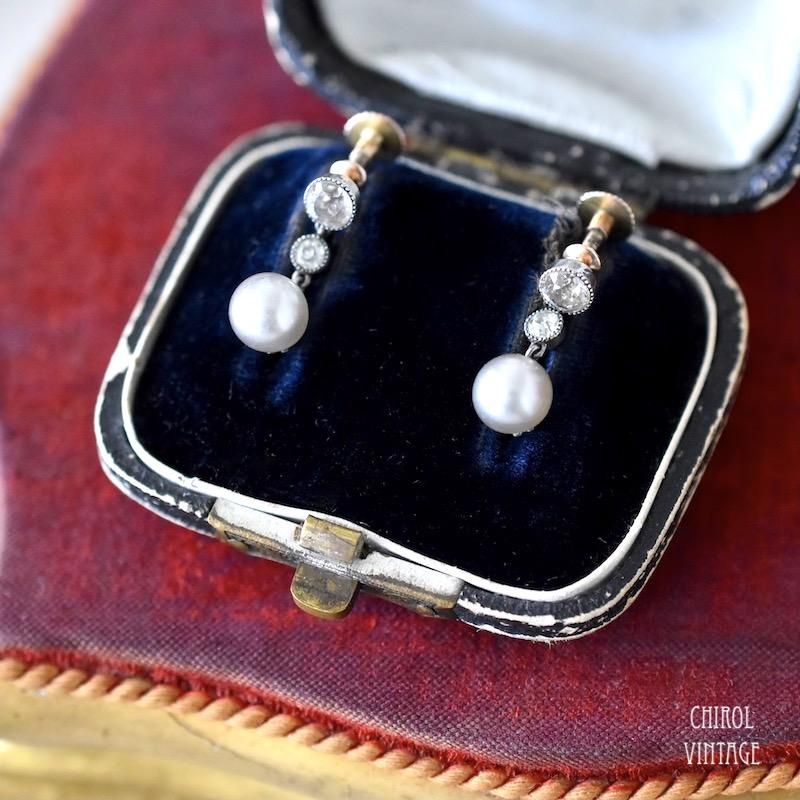 アンティーク 9Kゴールド クリアグラスxパールドロップイヤリング