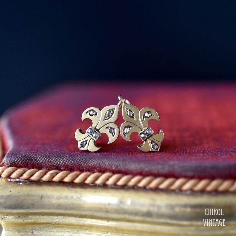 アンティーク フランス 18Kゴールド ダイアモンドxパール フルールドリスピアス