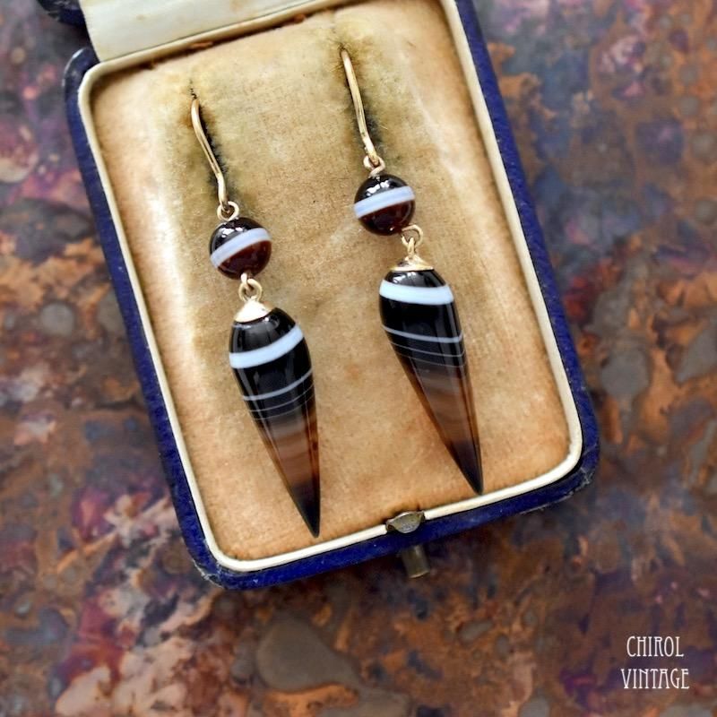 アンティーク 9Kゴールド バンデッドアゲート エトラスカンピアス