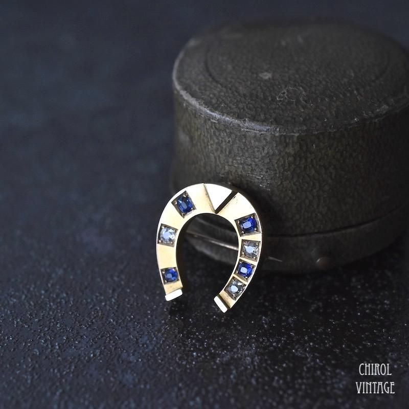 アンティーク 18Kゴールド ダイアモンドxサファイア ホースシューブローチ