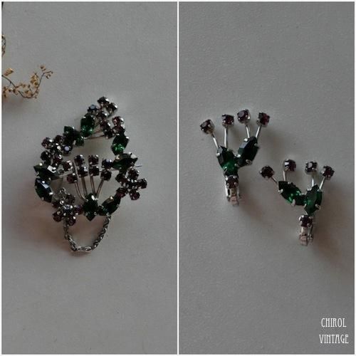 パープルxグリーンビジュー ブローチ+イヤリング