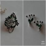 パープルxグリーンビジュー ブローチ+イヤリング