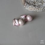 サテンリーフxビッグピンクパール ドロップイヤリング