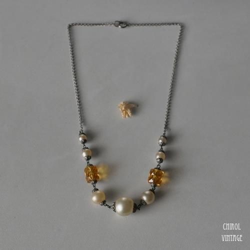 パールxアンバーイエロー バレルグラスネックレス