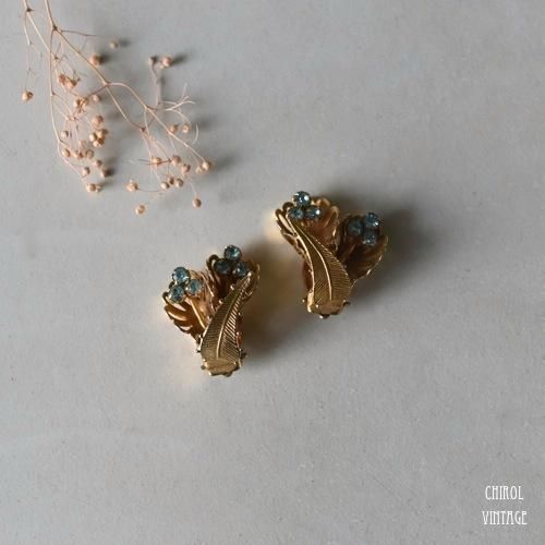 アクアマリングラスフラワーxゴールドリーイヤリング