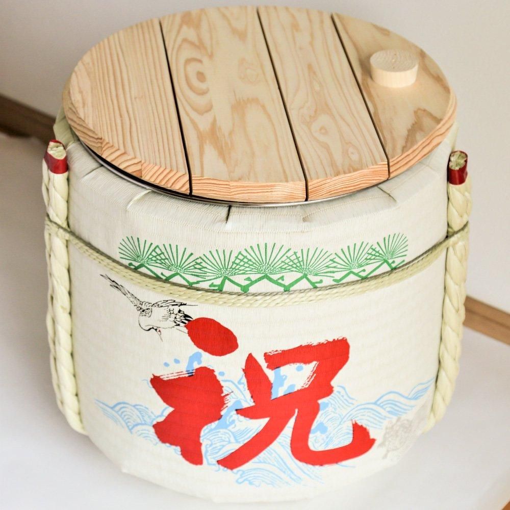 名入れラベル お手軽鏡開き祝樽 紅白鶴亀1斗(空樽) - 樽酒・鏡開きの