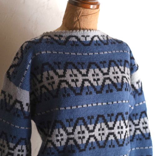 vintage hand knit sweater /ジグザグボートネックセーター