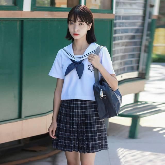 大きいサイズあり　可愛いライトブルー＆チェックスカート セーラー学生服 女子高生制服 コスプレ 衣装 通販