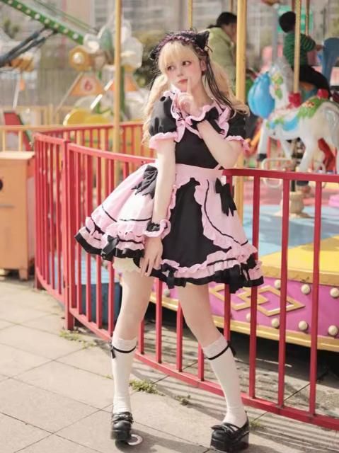黒とピンクのロリータメイド服 メイドドレス コスプレ 衣装 通販