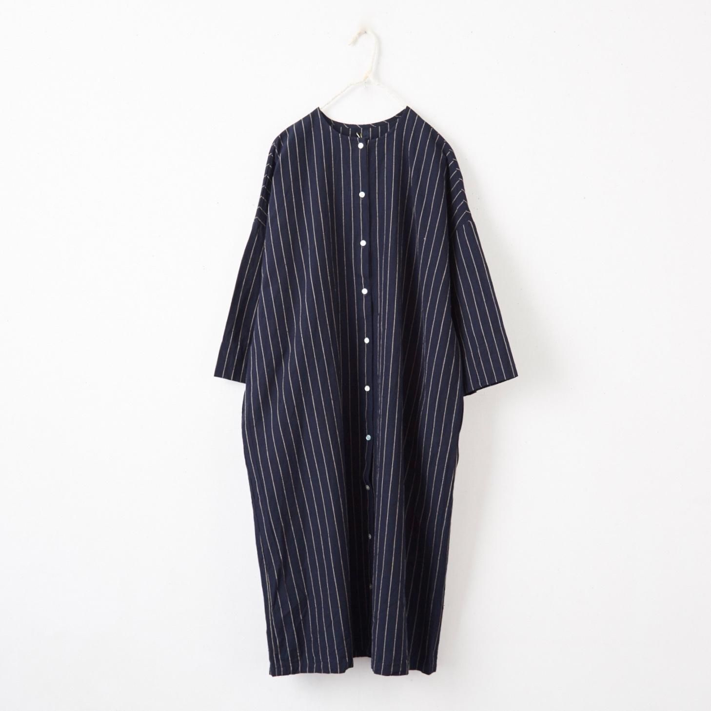 YAMMA 会津木綿 丸首ボタンワンピース はなふさ縞 - poooL