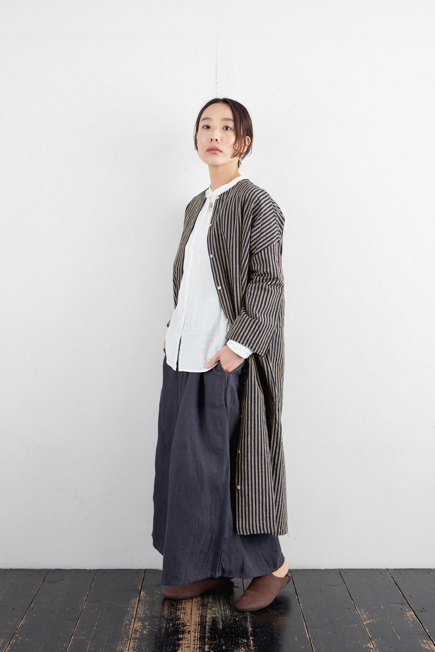 YAMMA 会津木綿 丸首ボタンワンピース 棒縞 - poooL (online shop)