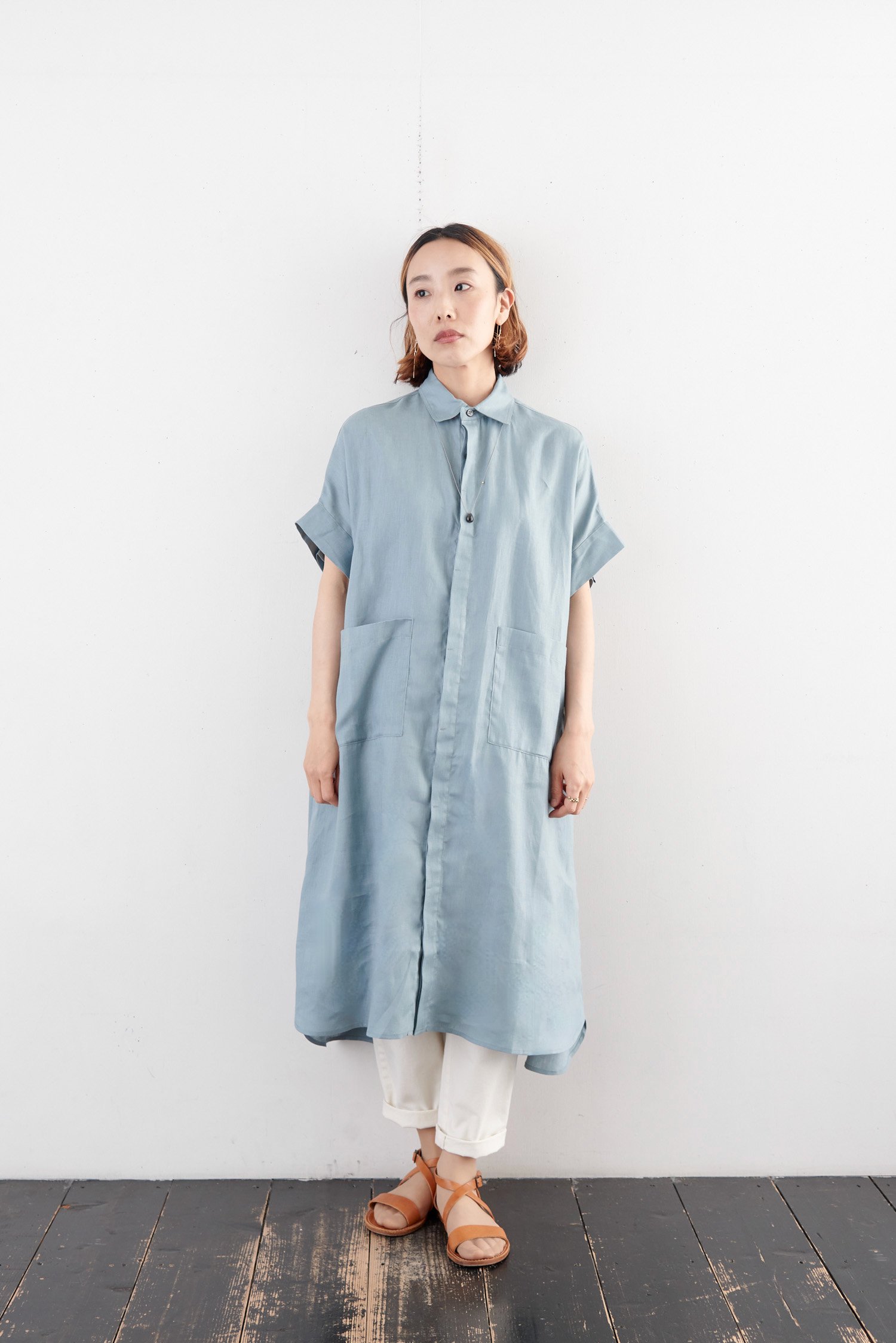 Honnete Piece dyed Irish linen Oversized pocket shirt（２color） - poooL  (online shop)