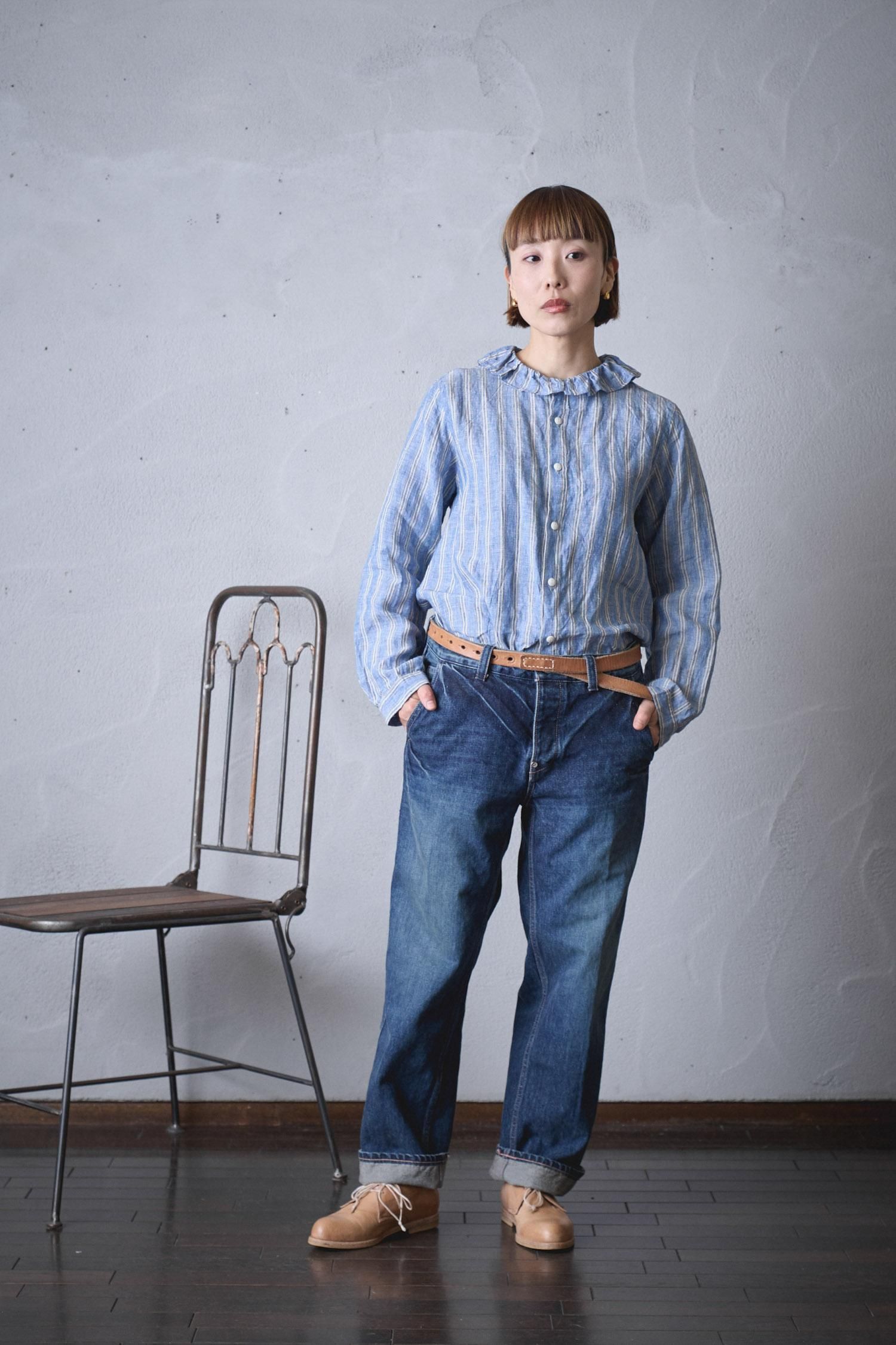 vlas blomme フリル衿シャツ (Vintage stripe / check