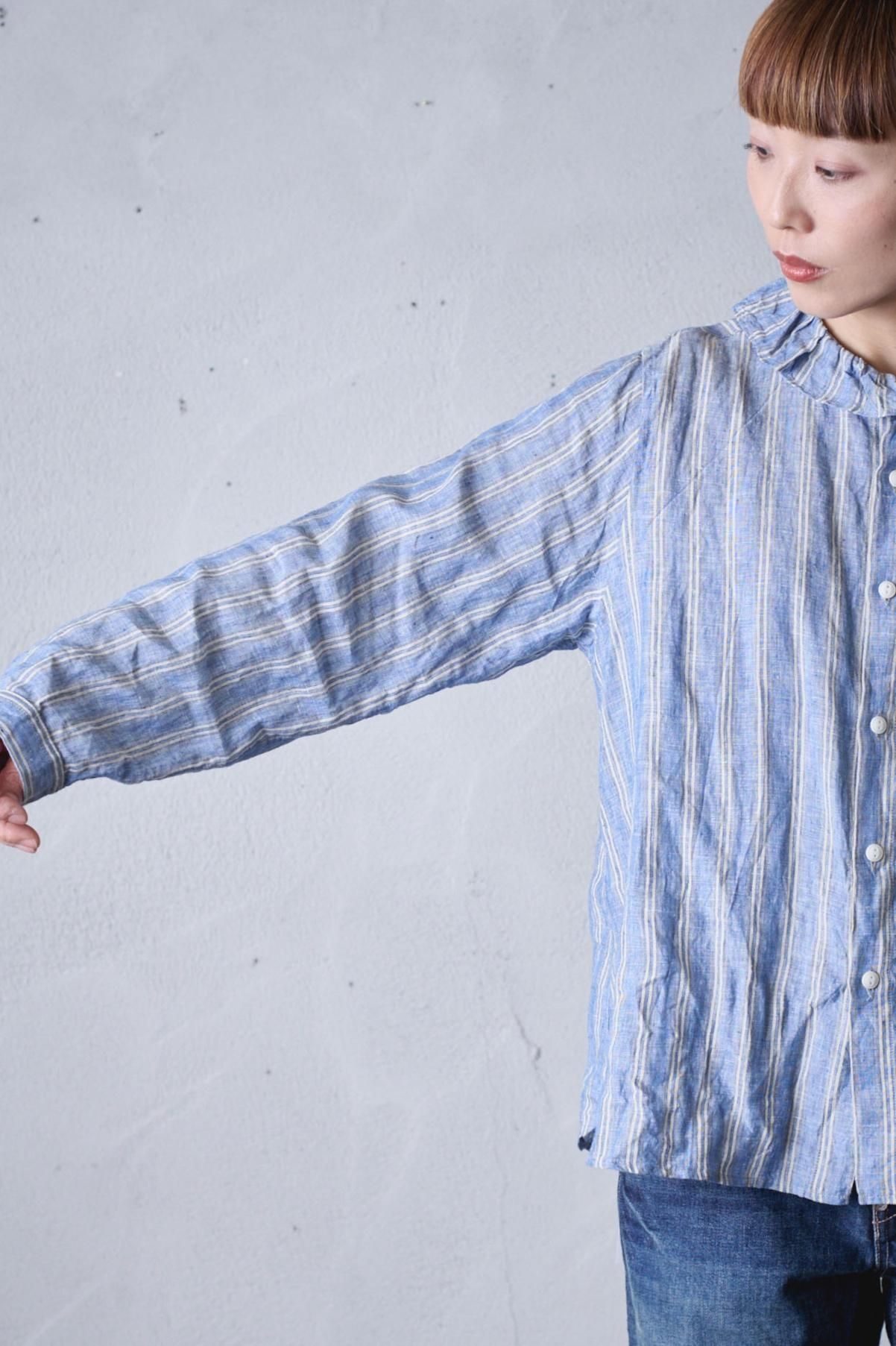 vlas blomme フリル衿シャツ (Vintage stripe / check