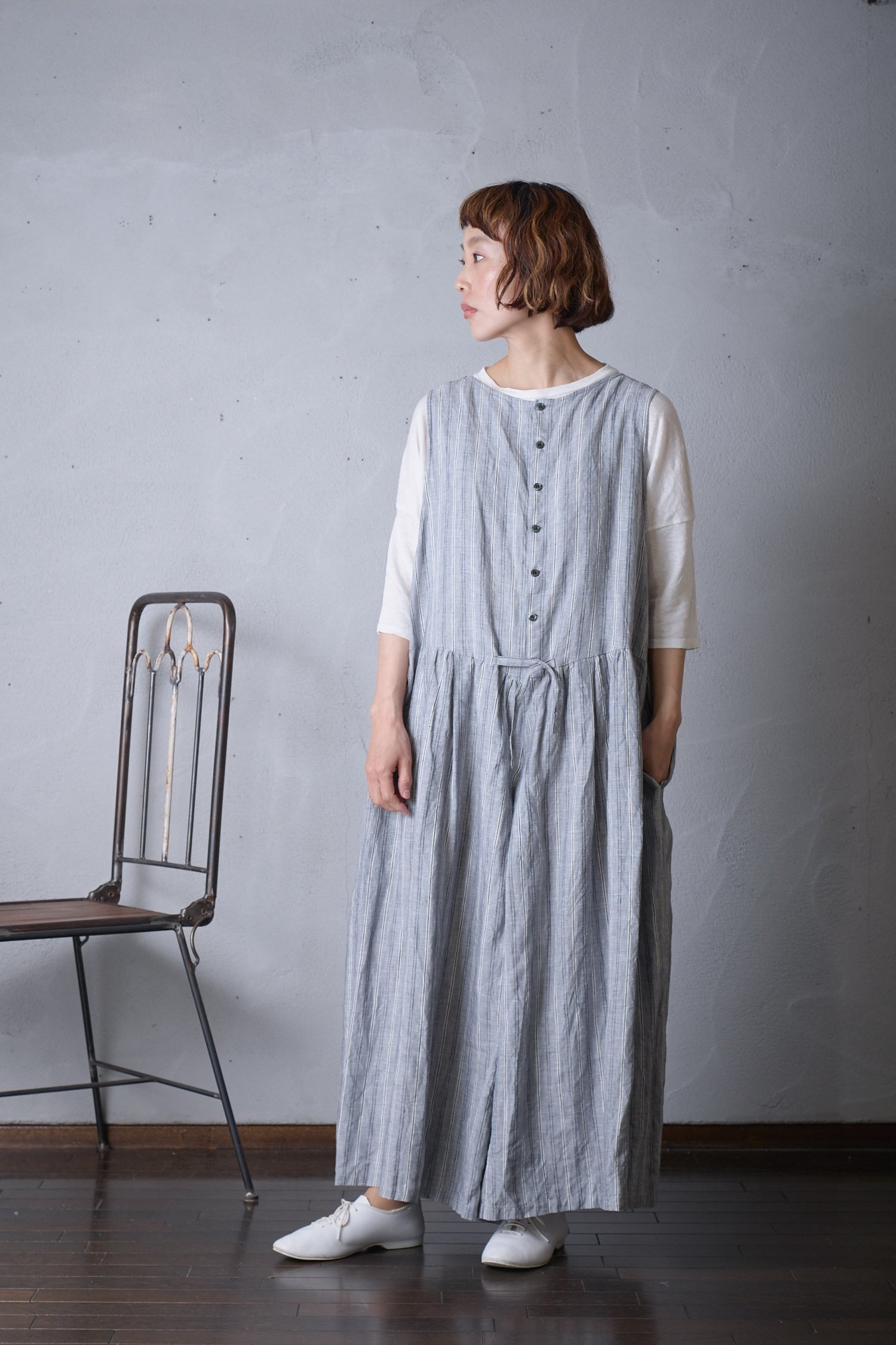 vlas blomme Linen Stripe ハカマサロペット - poooL (online shop)