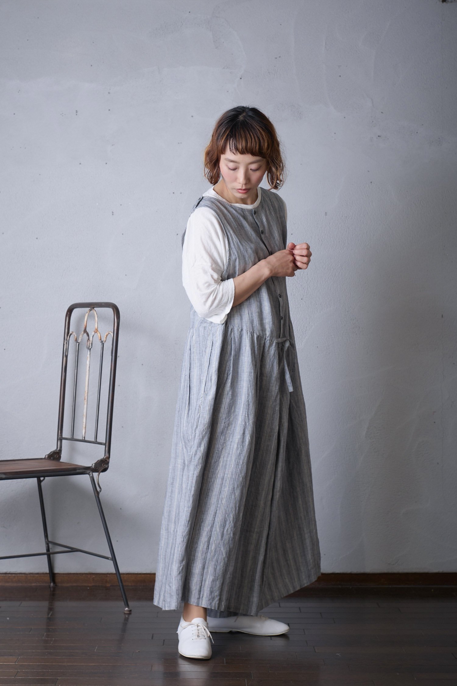 vlas blomme Linen Stripe ハカマサロペット - poooL (online shop)