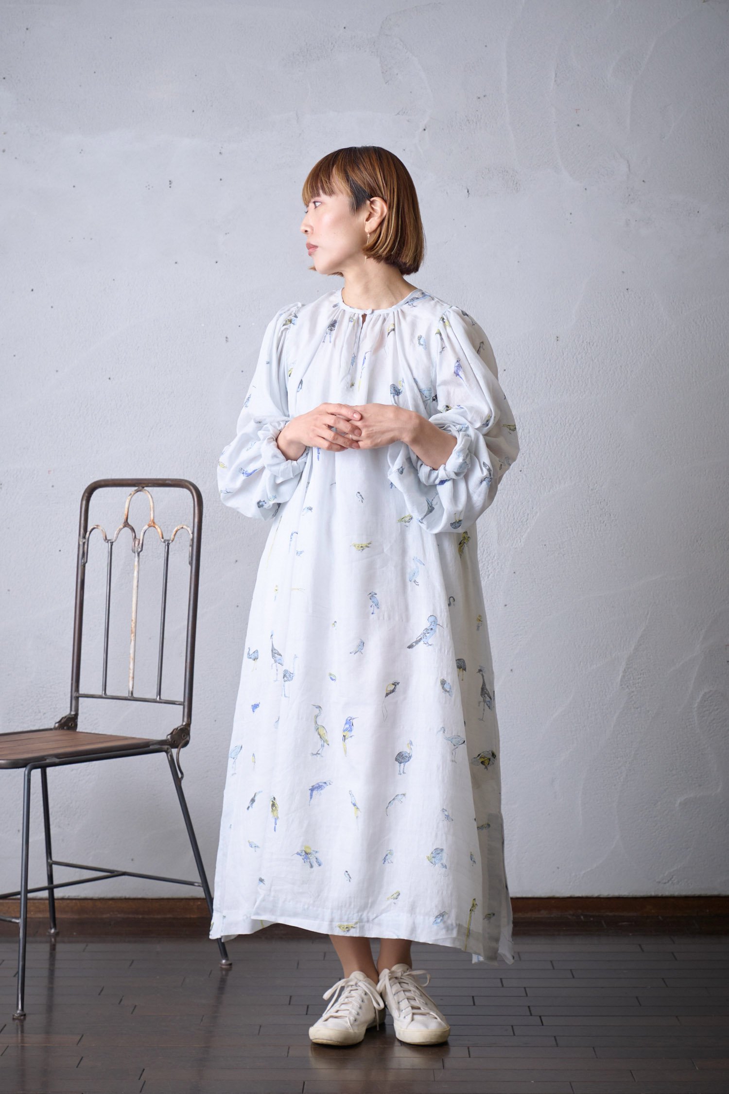 Cotton × Silk Birds gather dress - poooL (online shop)