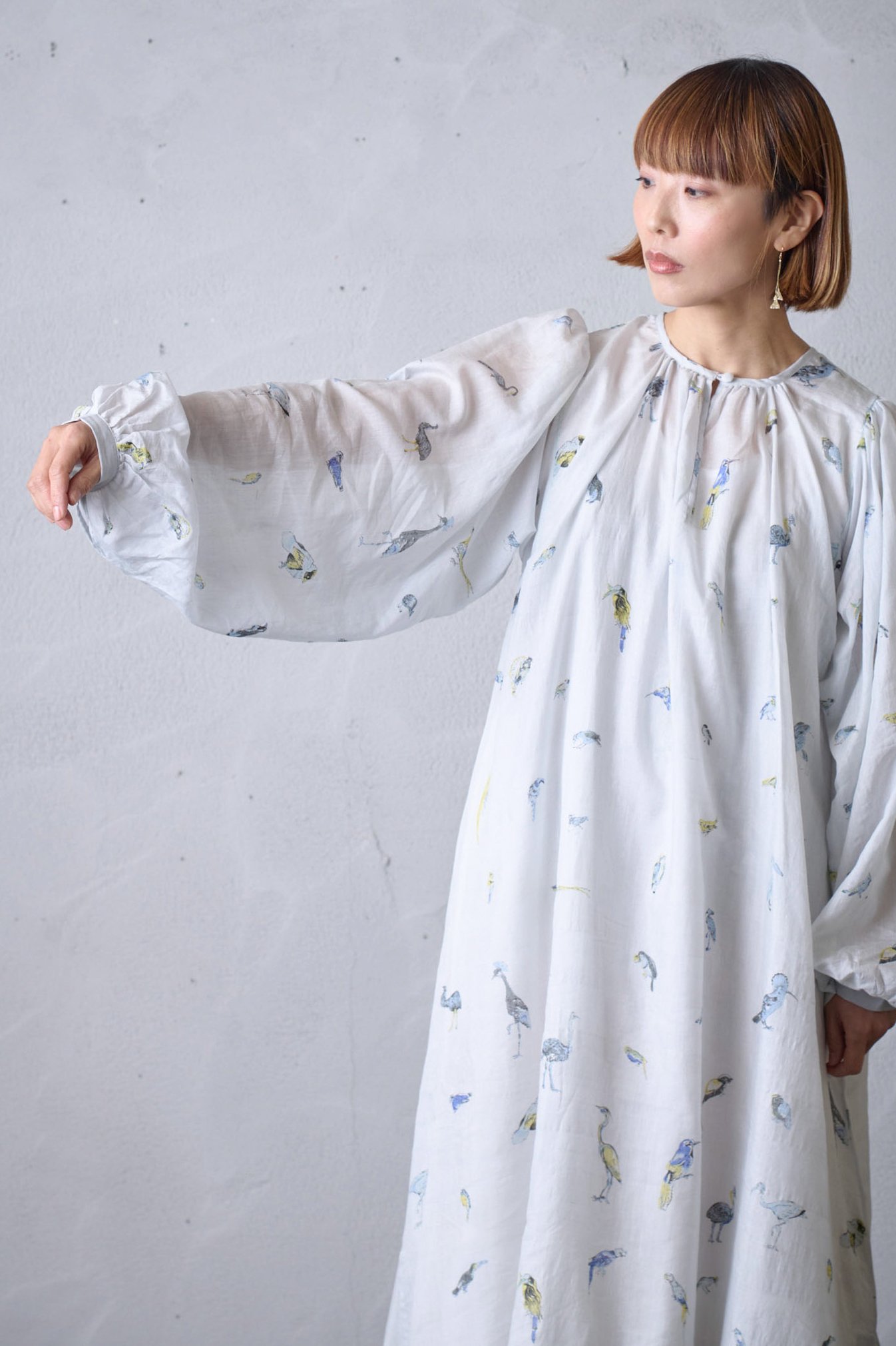 Cotton × Silk Birds gather dress - poooL (online shop)