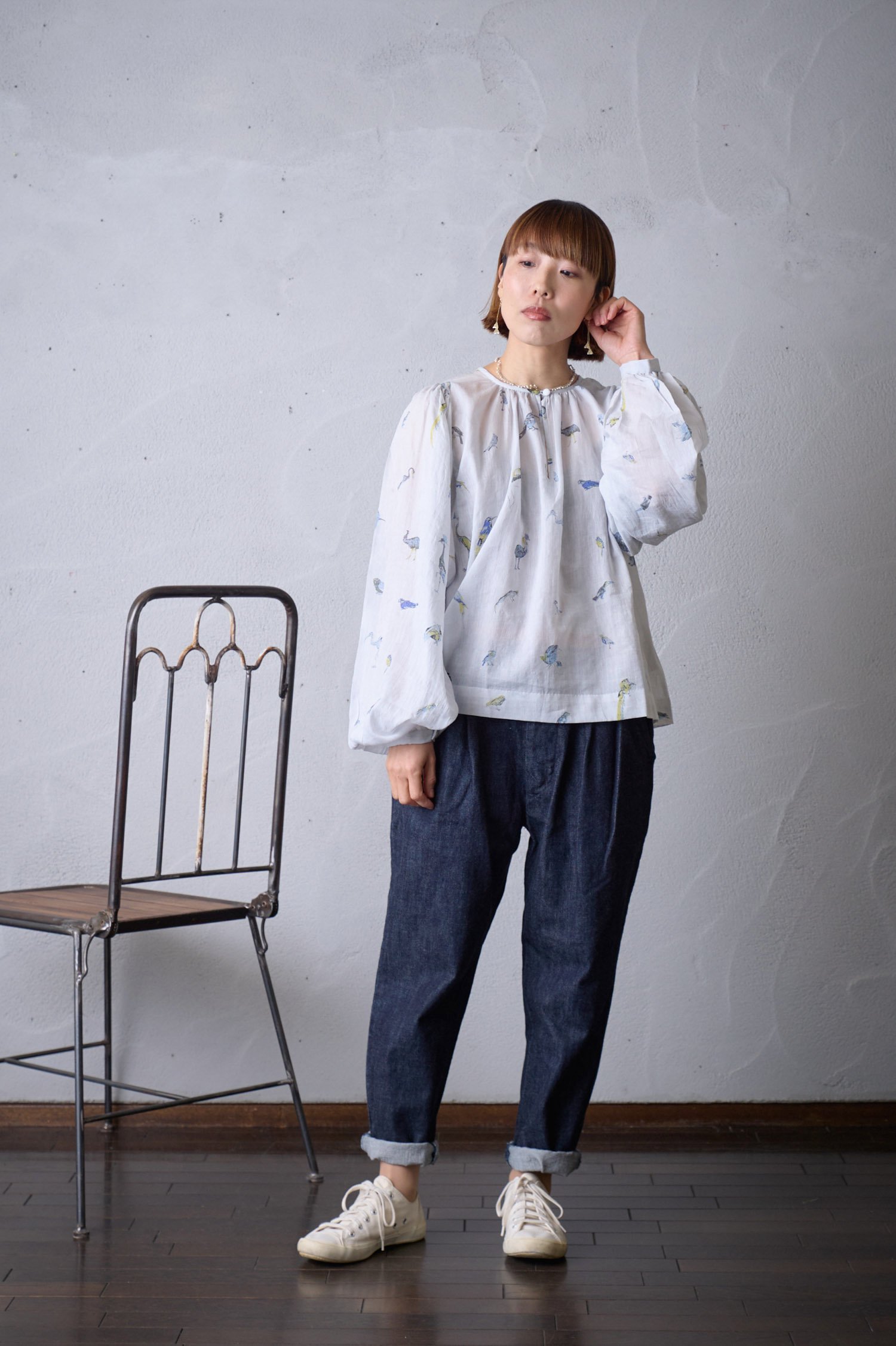 Cotton × Silk Birds gather blouse - poooL (online shop)