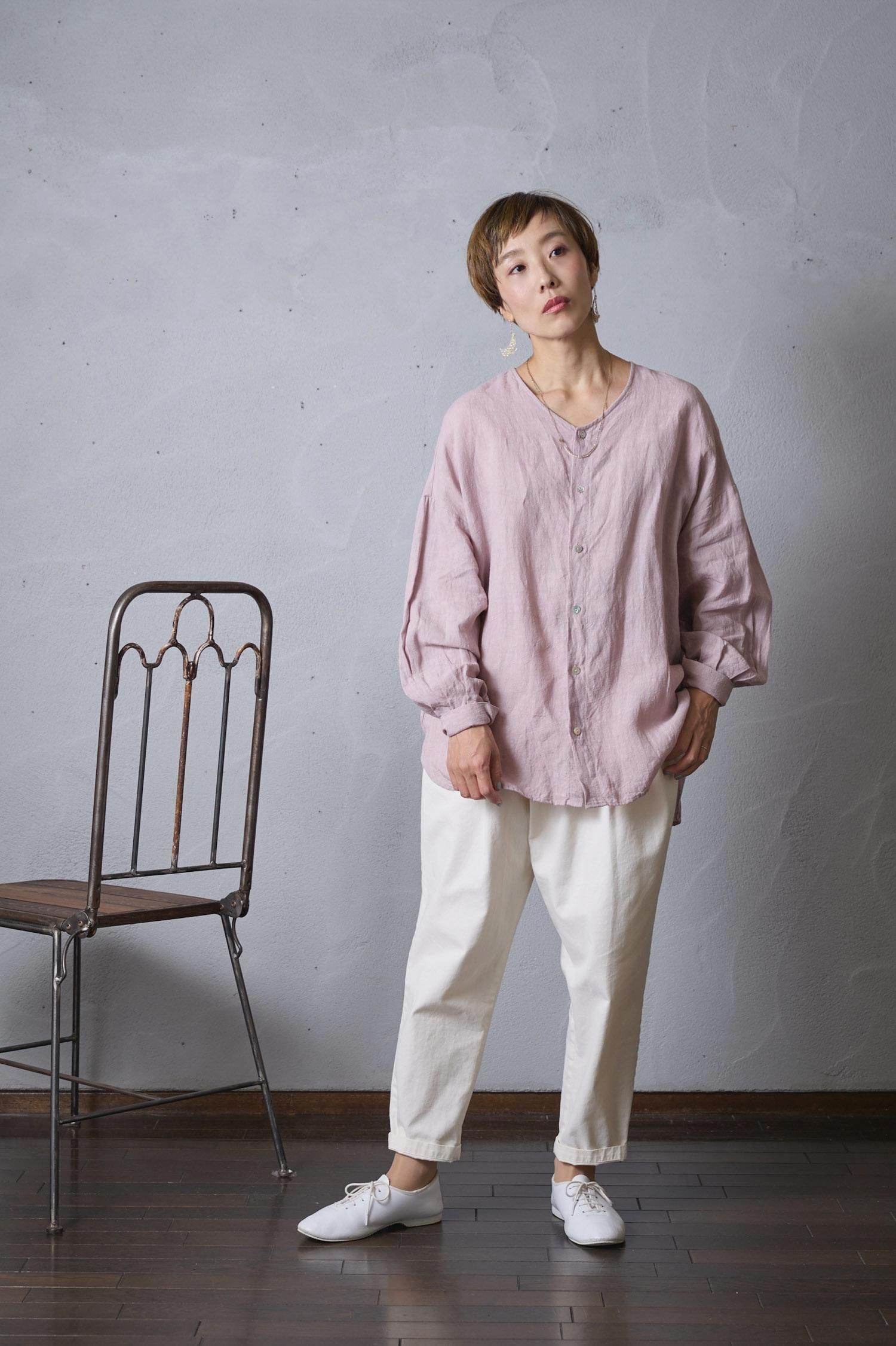 美品】ヤンマ産業 YAMMA リネン ノーカラービッグシャツ ➀
