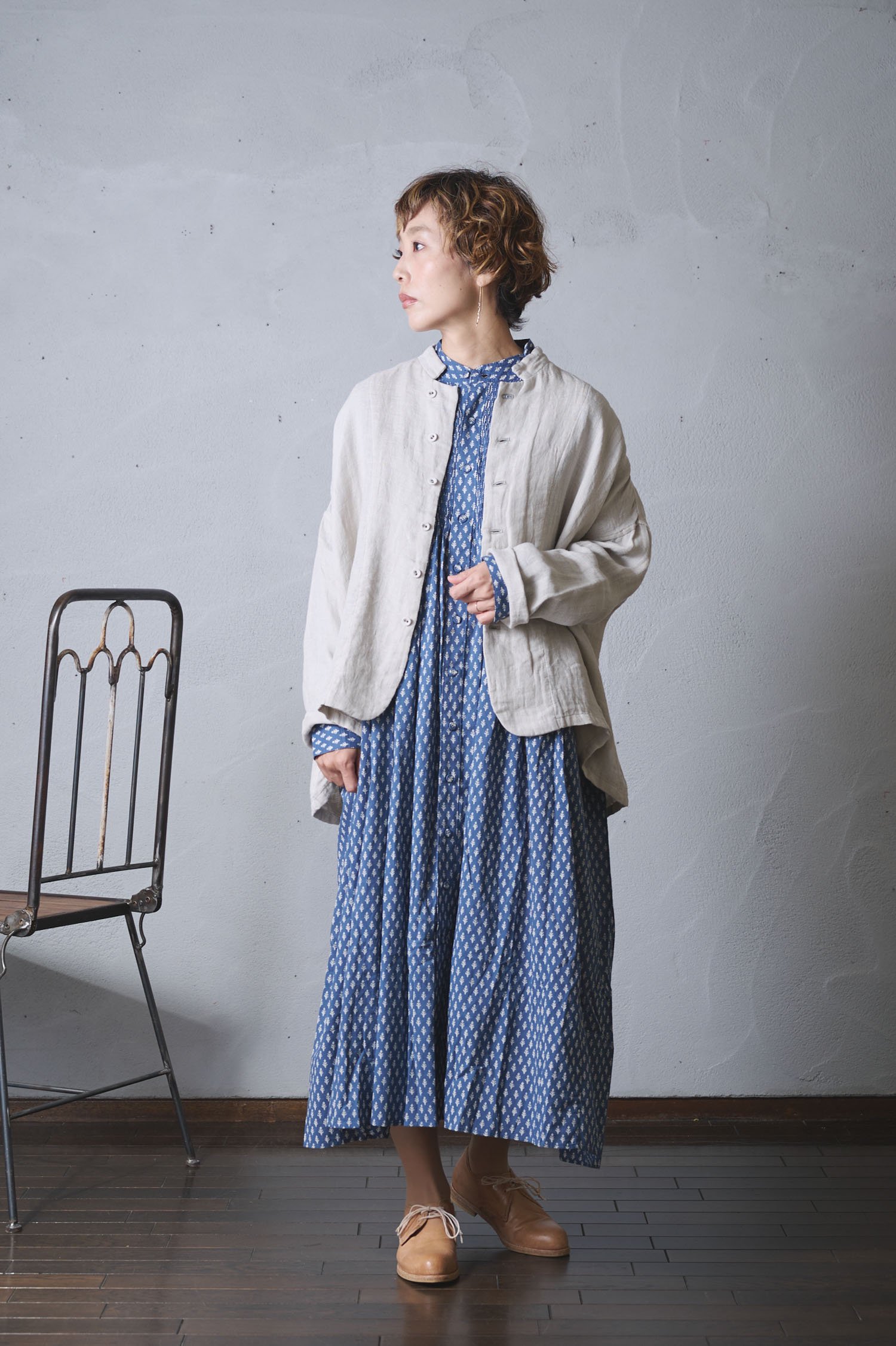 vlas blomme Linen double gauze ワイドシャツジャケット（2color