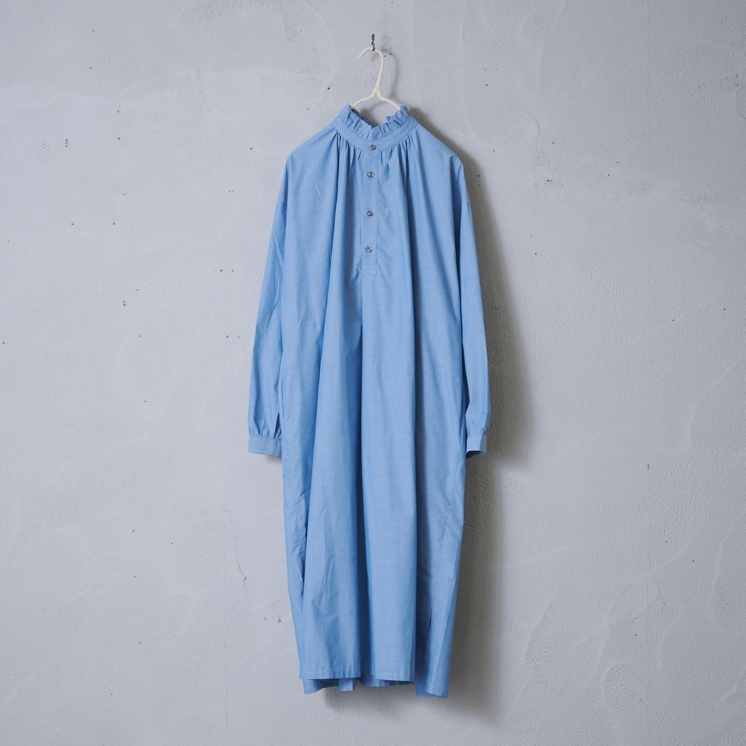 Honnete Cotton silk chambray Frilled collarerd wide dress