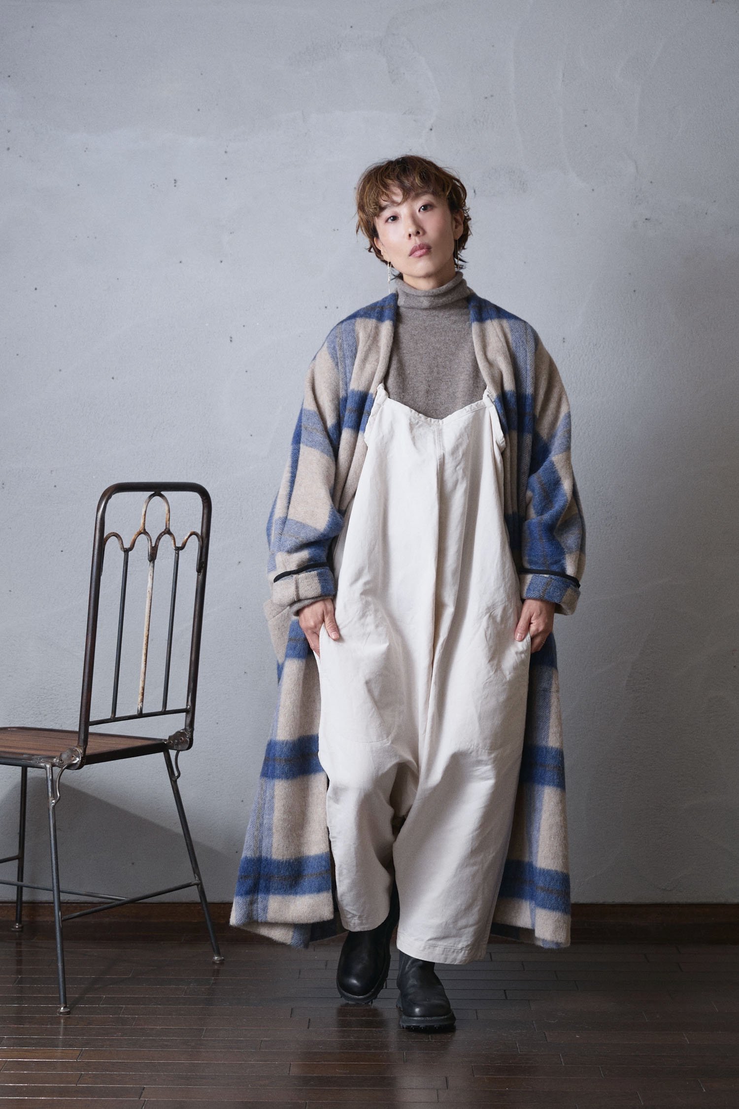 Honnete Italian wool shaggy Dolman gown coat（チェック / 無地