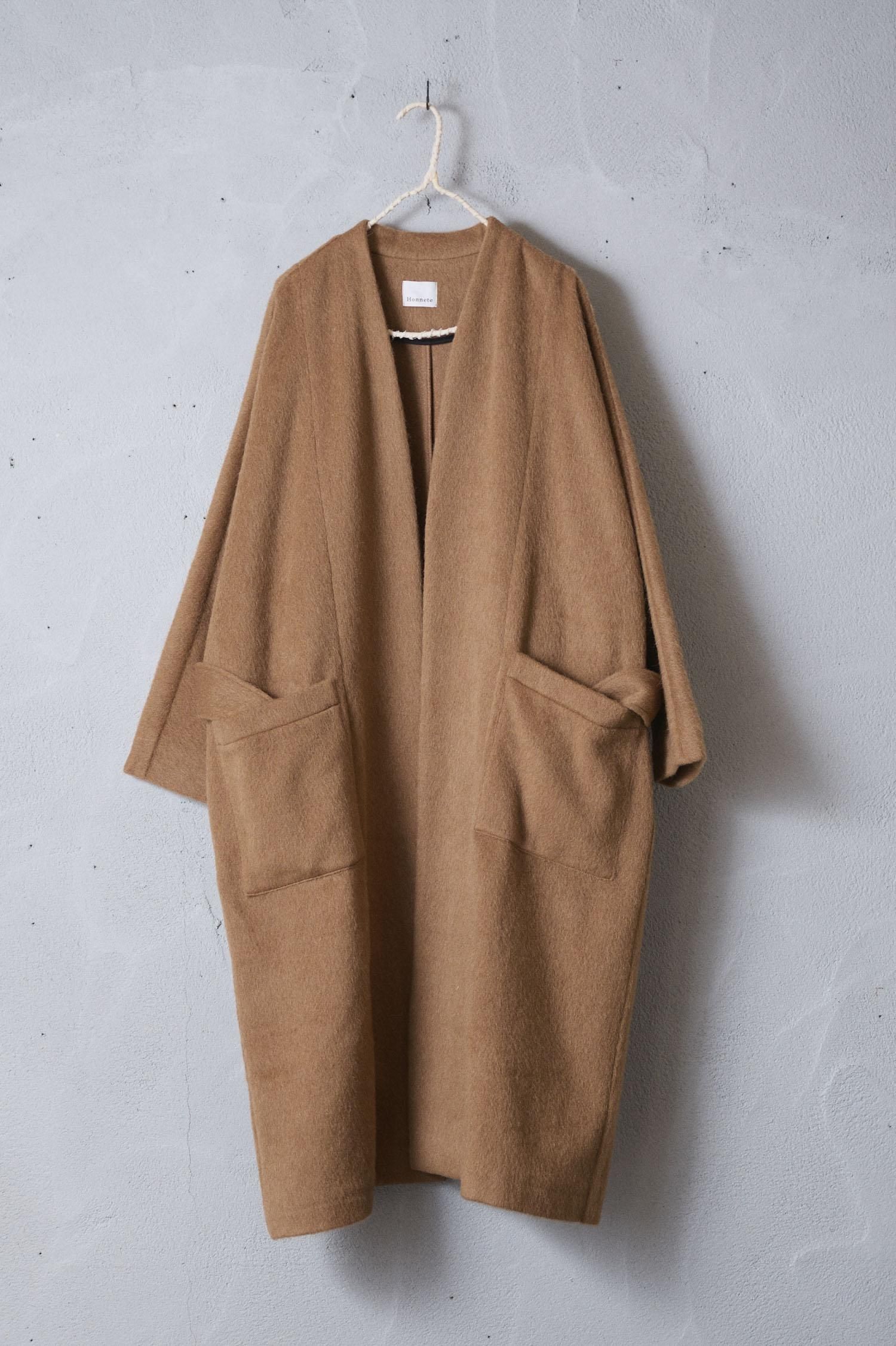 Honnete Italian wool shaggy Dolman gown coat（チェック