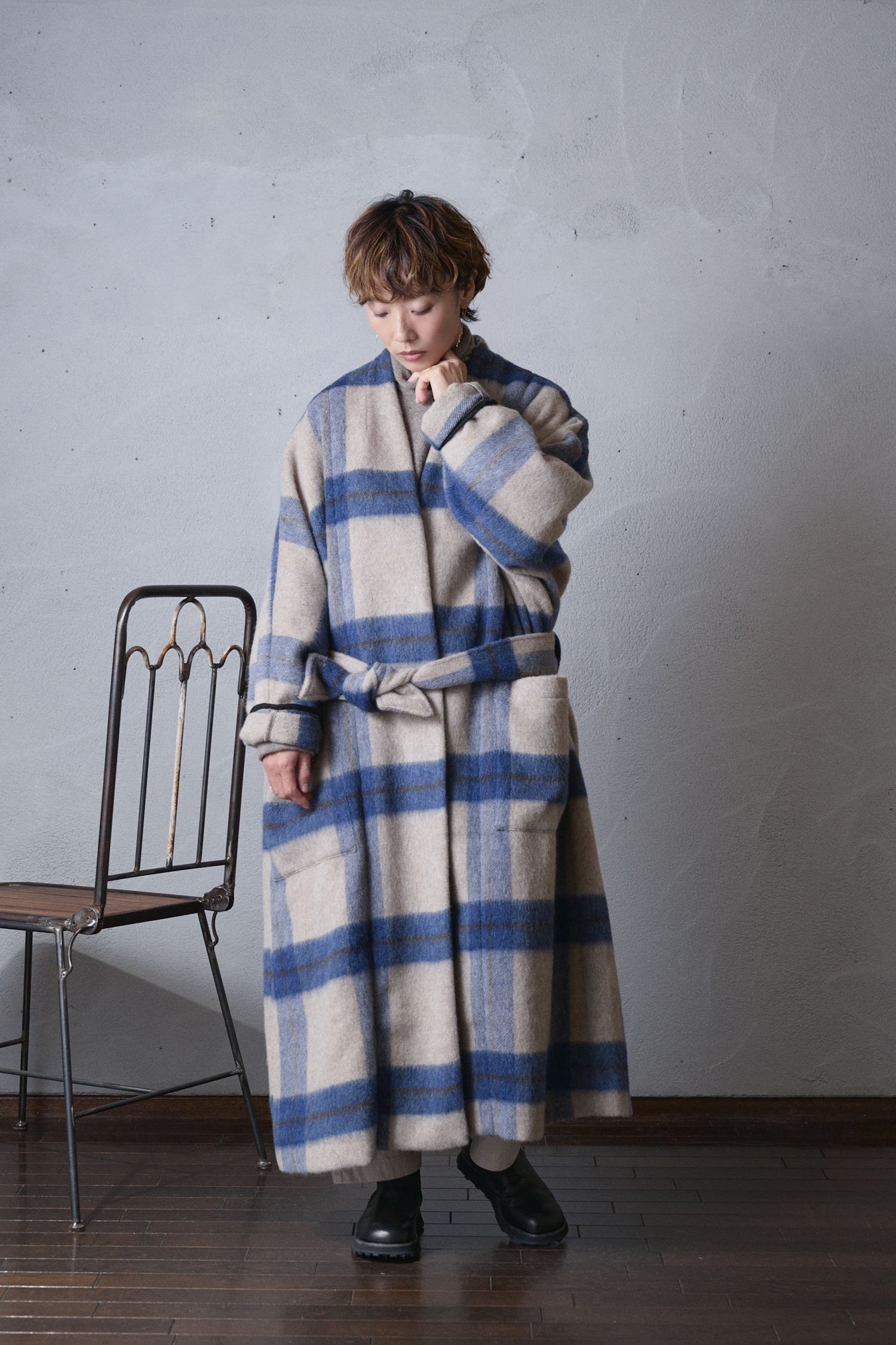 Honnete Italian wool shaggy Dolman gown coat（チェック / 無地