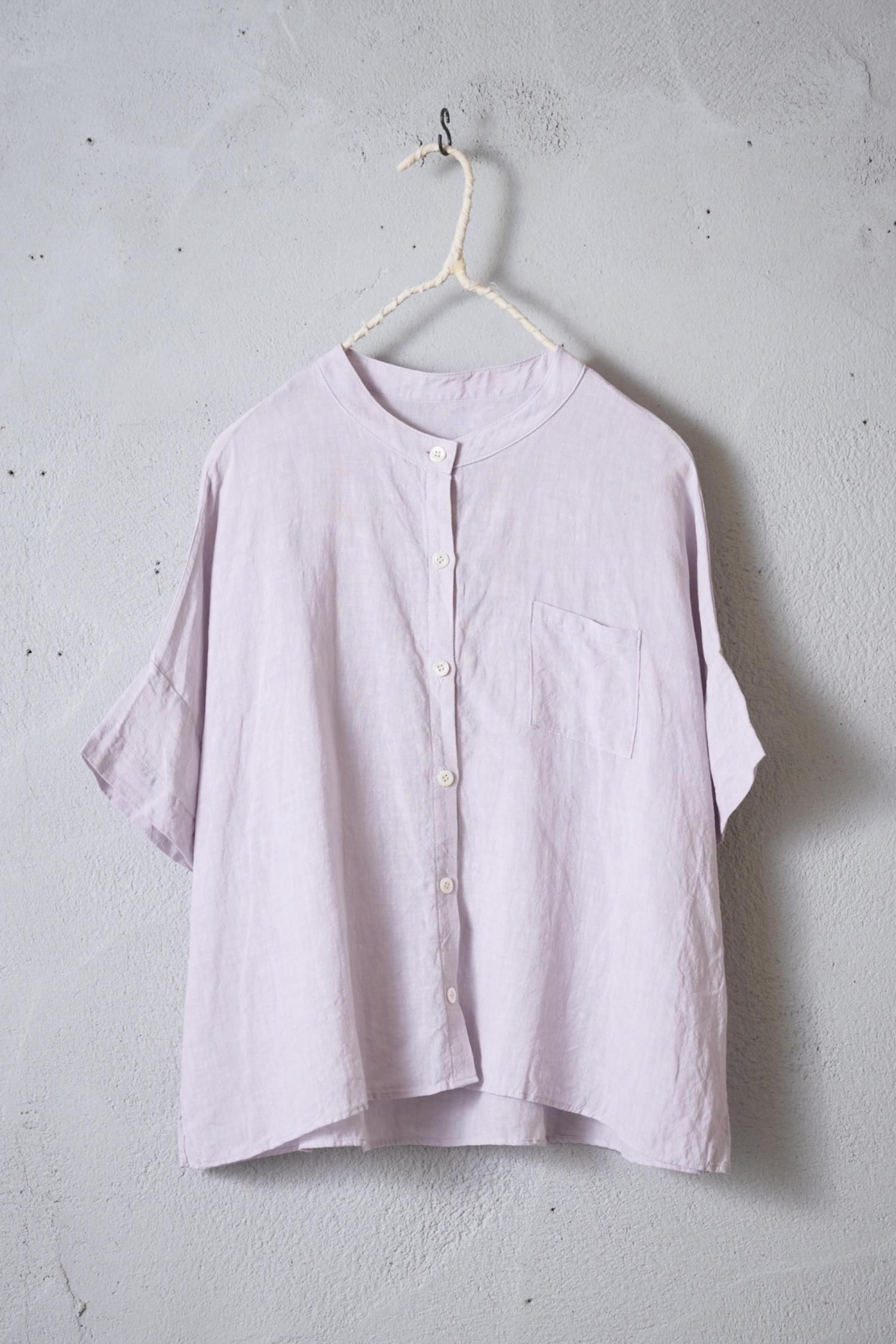 YAMMA リネン スタンドカラーシャツ 半袖 ピンクパープル- poooL