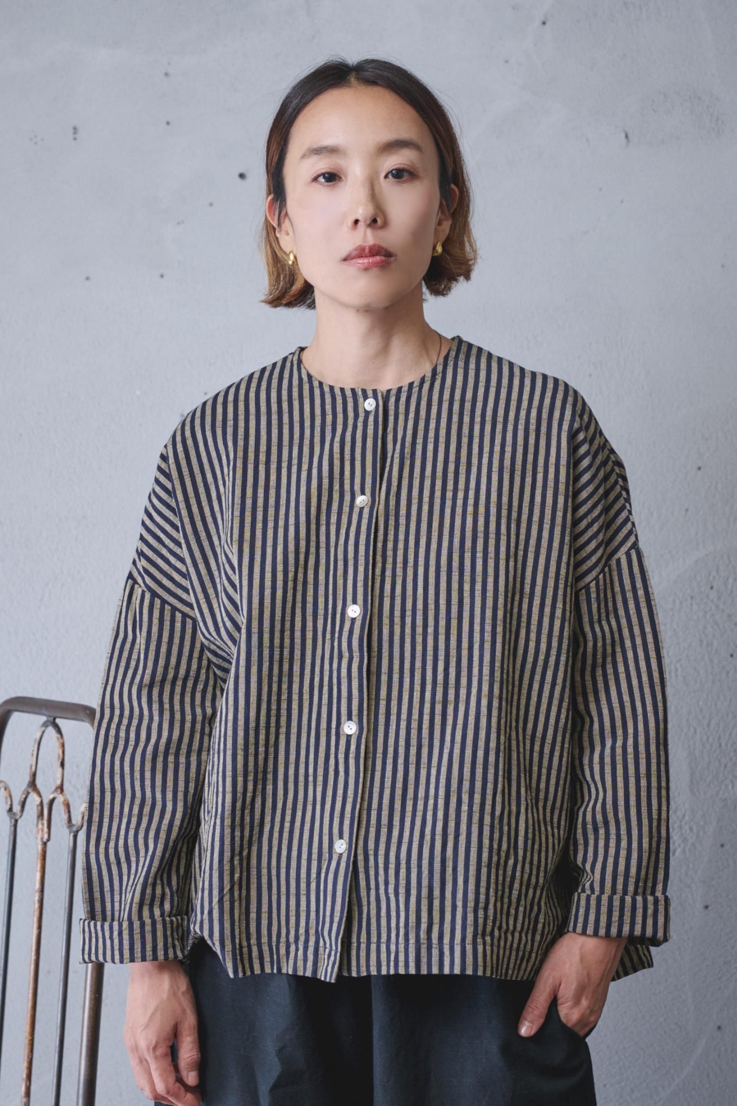 YAMMA 会津木綿 丸首ボタンシャツ（棒縞）- poooL (online shop)