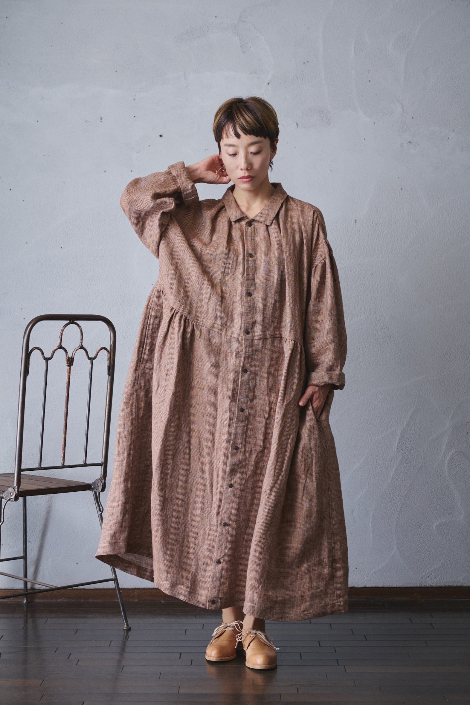 vlas blomme Winter Gauze Check ワンピースコート- poooL (online shop)