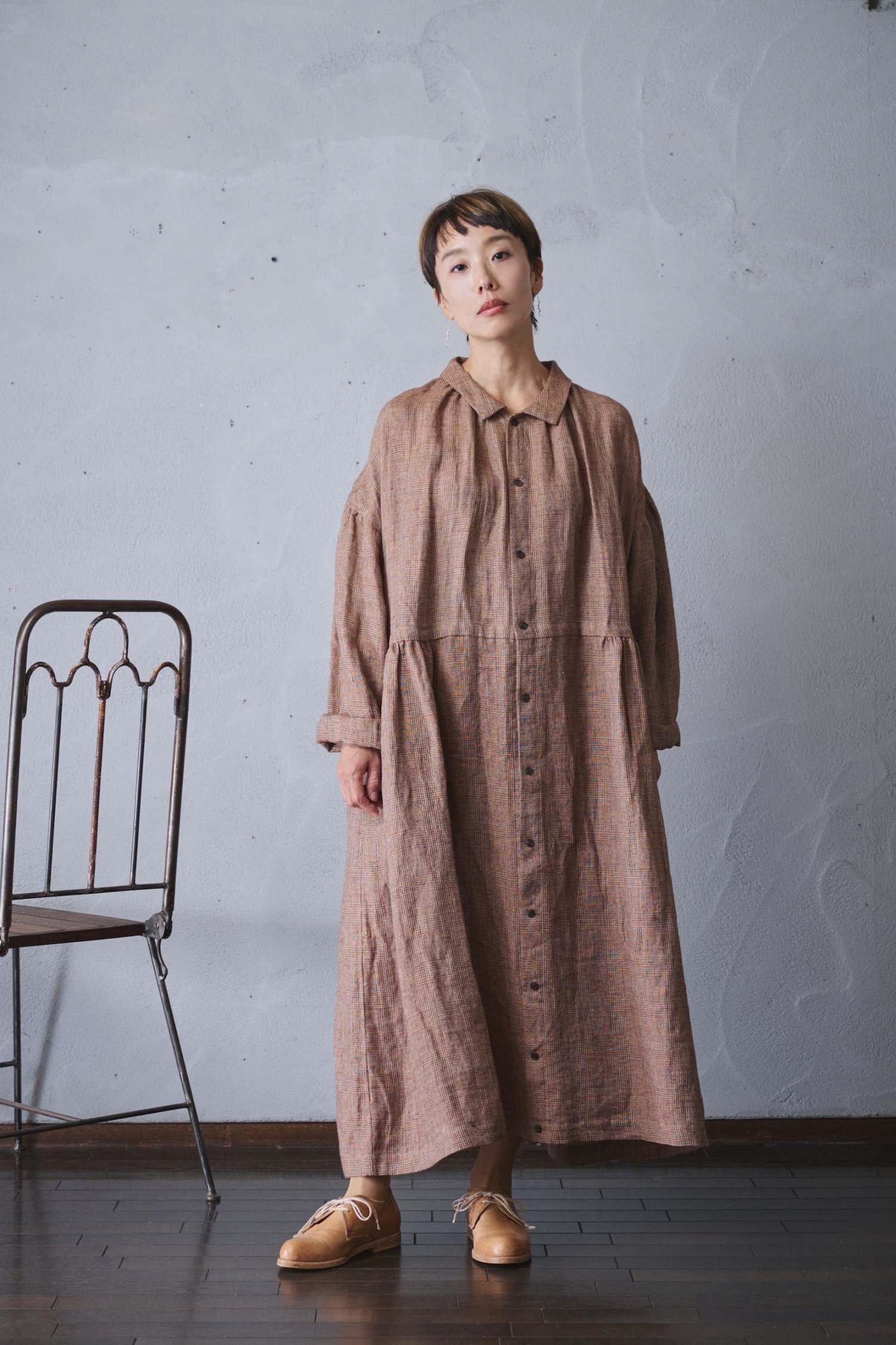 vlas blomme Winter Gauze Check ワンピースコート- poooL (online shop)