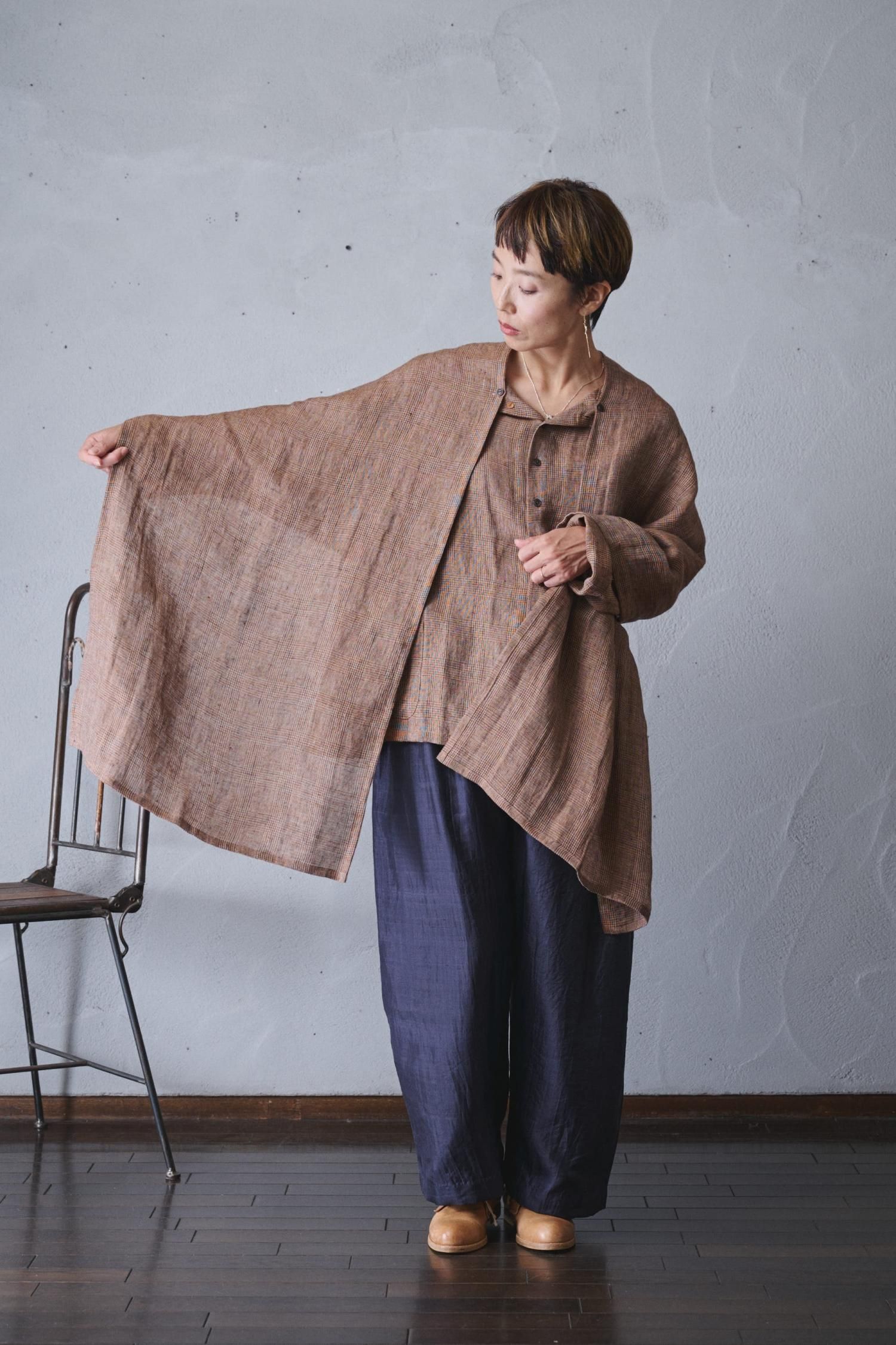 vlas blomme Winter Gauze Check ストール衿シャツジャケット