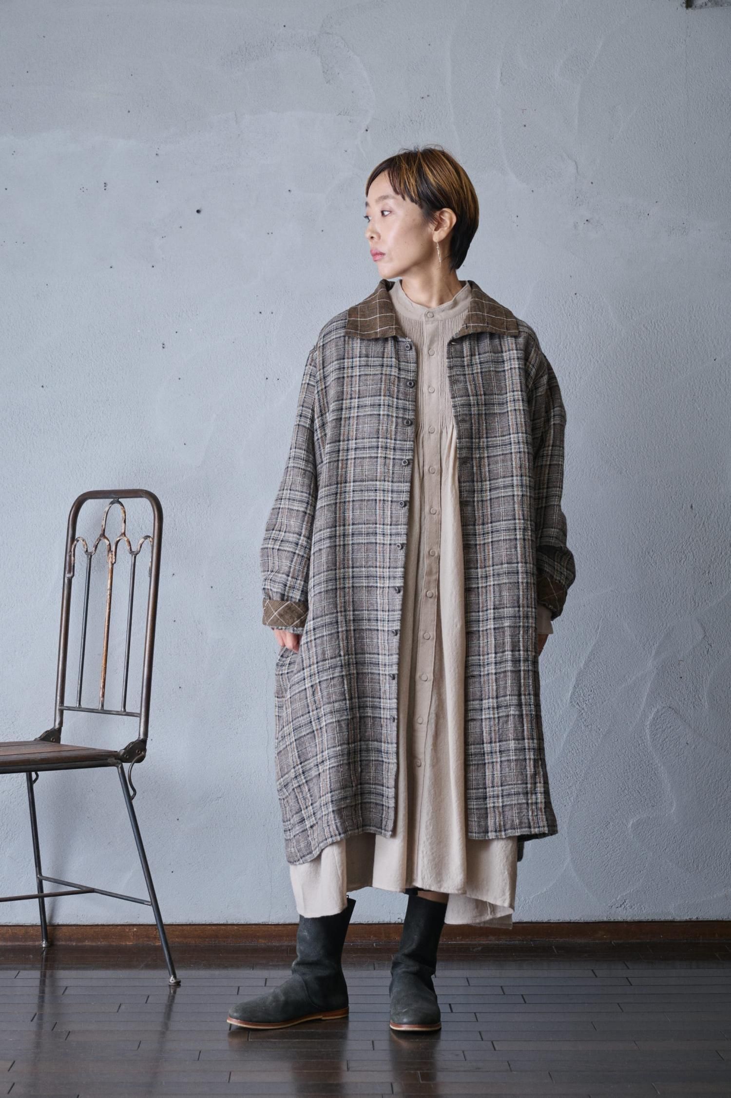 Vlas Blomme / Wool Linenコート vlas blomme Wool Linen Check 異素材コートワンピース - poooL