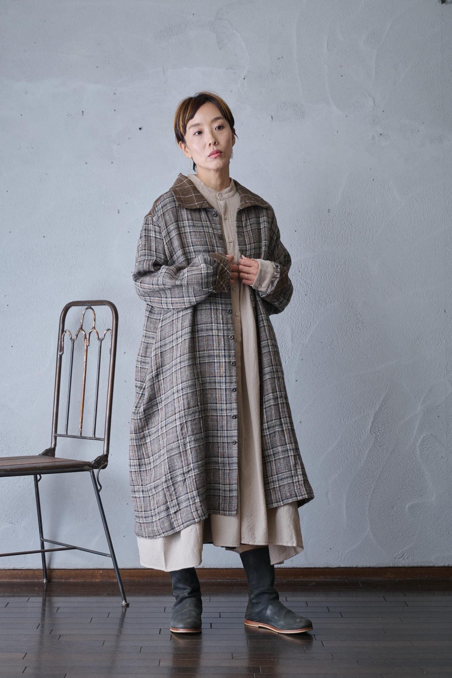 vlas blomme Wool Linen Check 異素材コートワンピース - poooL