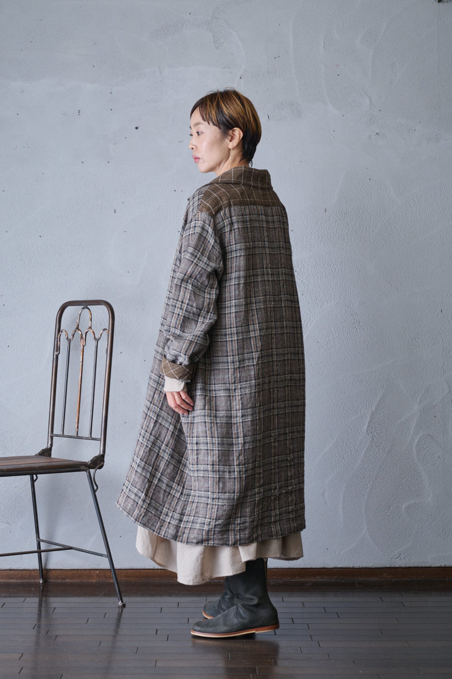 vlas blomme Wool Linen Check 異素材コートワンピース - poooL