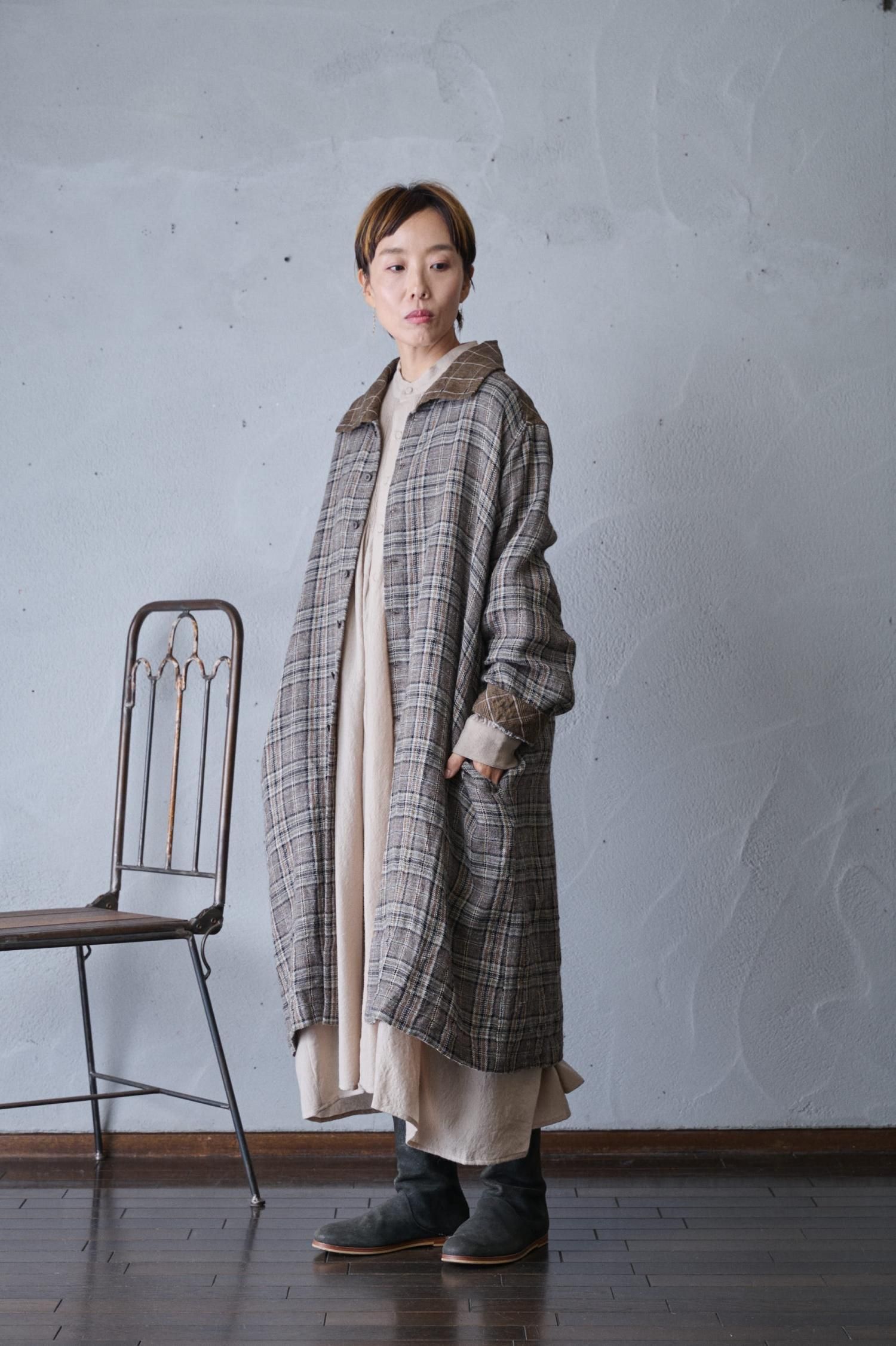 vlas blomme Wool Linen Check 異素材コートワンピース - poooL