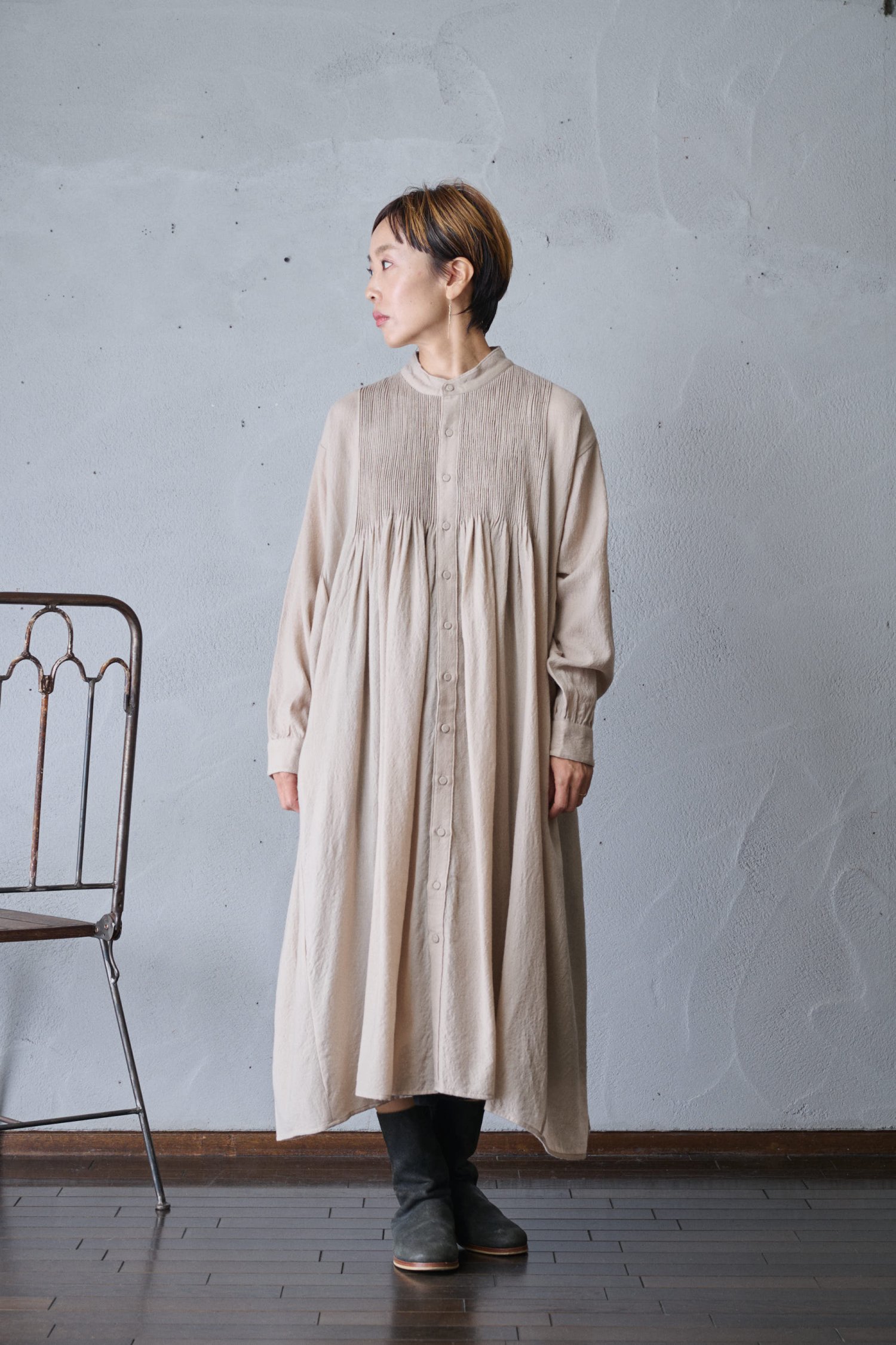 maison de soil Boiled wool plain Banded shirt dress with mini