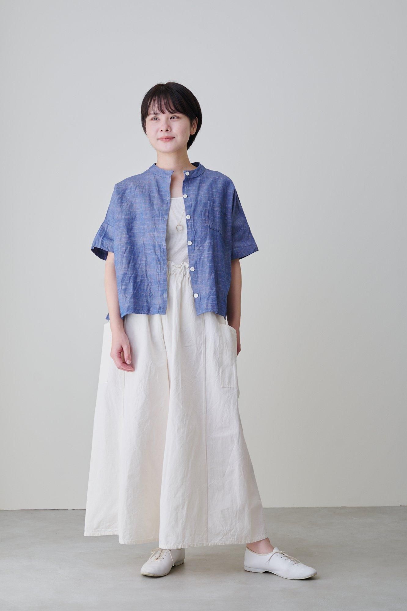 新しいエルメス YAMMA 会津木綿 銀青（袖なし・袖あり スタンドカラーシャツ トップス