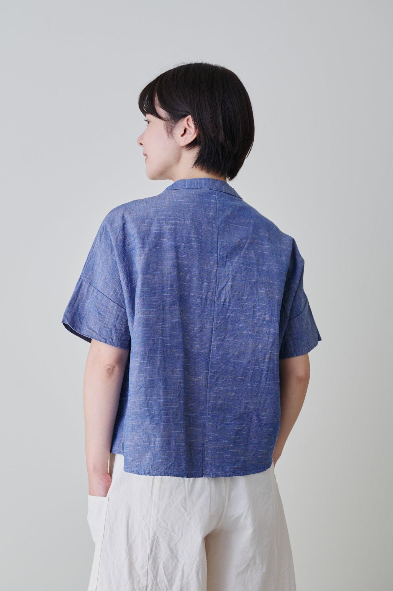 YAMMA 会津木綿 スタンドカラーシャツ 銀青（袖なし・袖あり