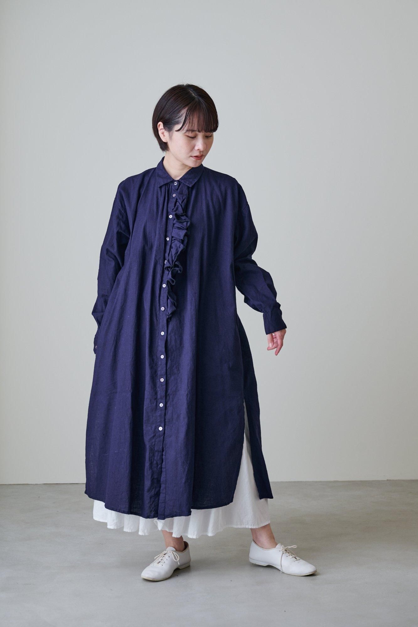 GUPTIHA Hand span cotton linen frill shirt dress - poooL