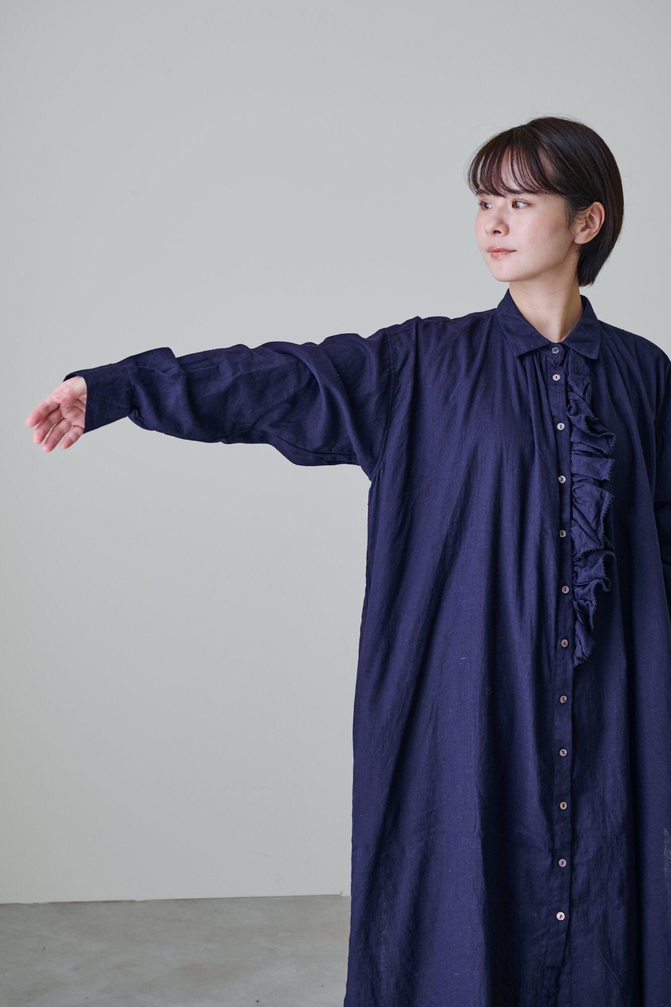 GUPTIHA Hand span cotton linen frill shirt dress - poooL