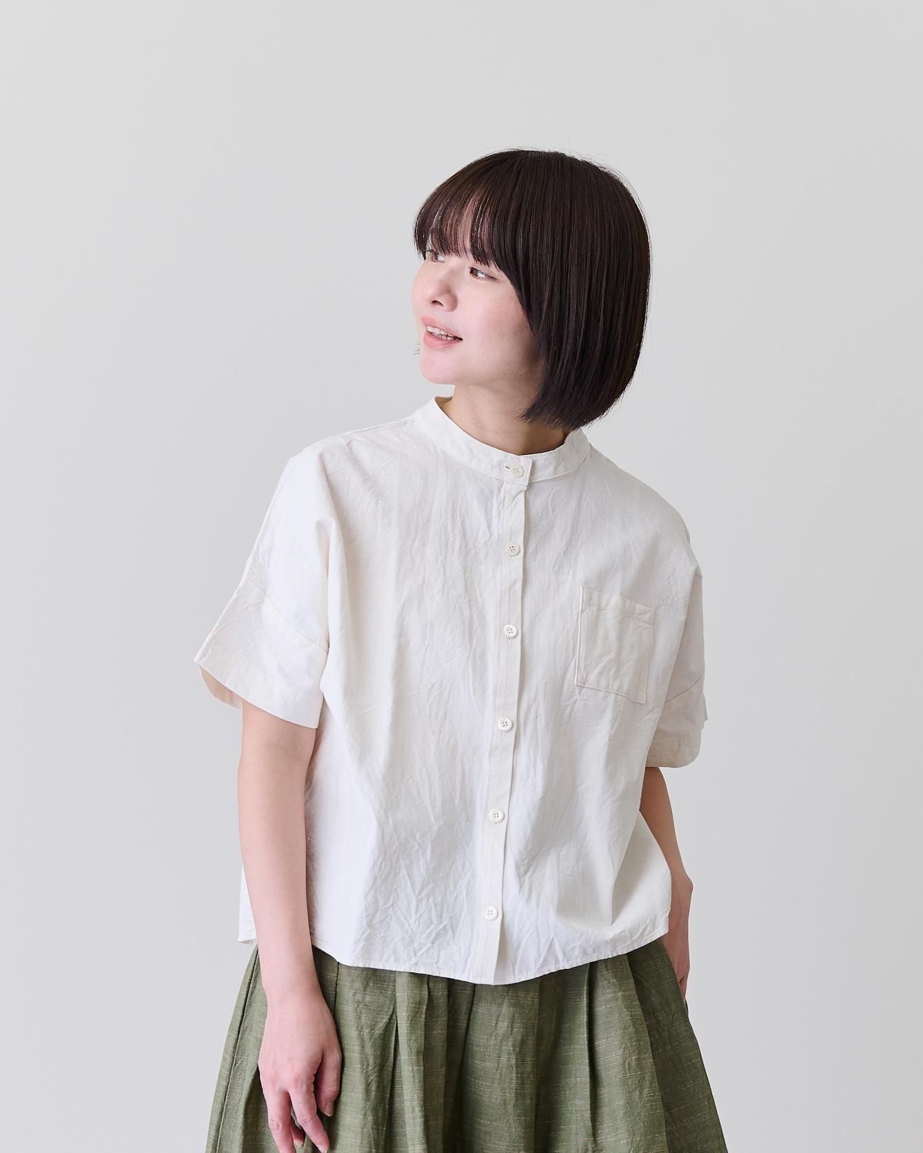 YAMMA 会津木綿 スタンドカラーシャツ 白（袖なし・袖あり