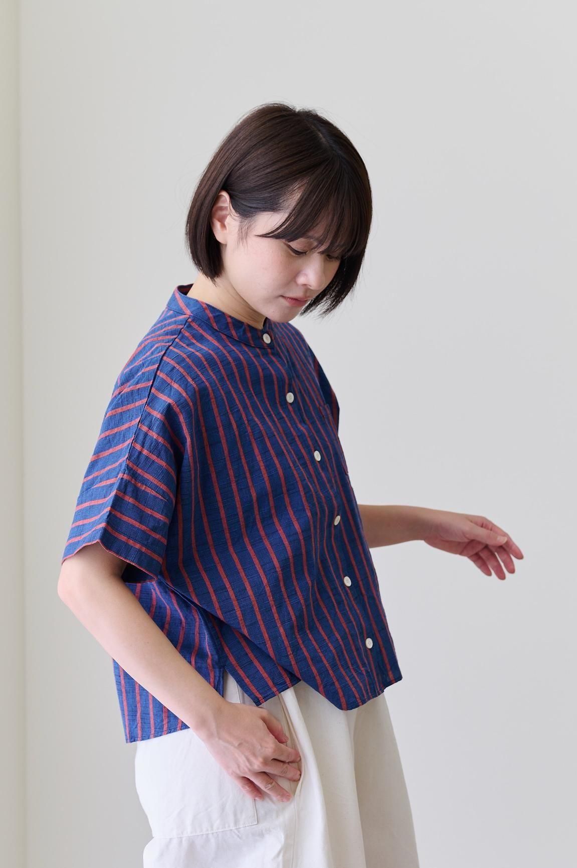YAMMA 会津木綿 スタンドカラーシャツ わたる縞（袖なし・袖あり