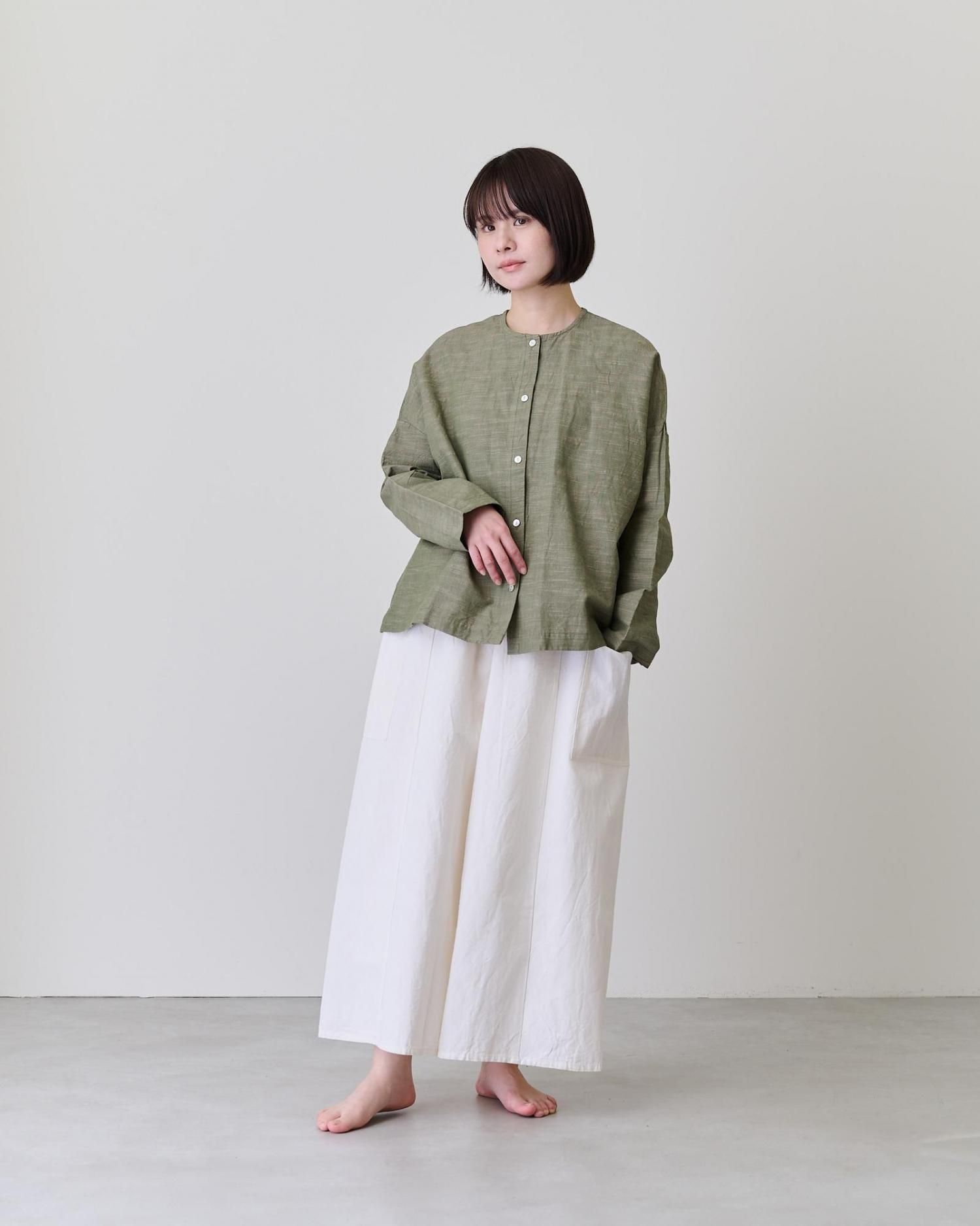 YAMMA 会津木綿 丸首ボタンシャツ（くわいろ）- poooL (online shop)