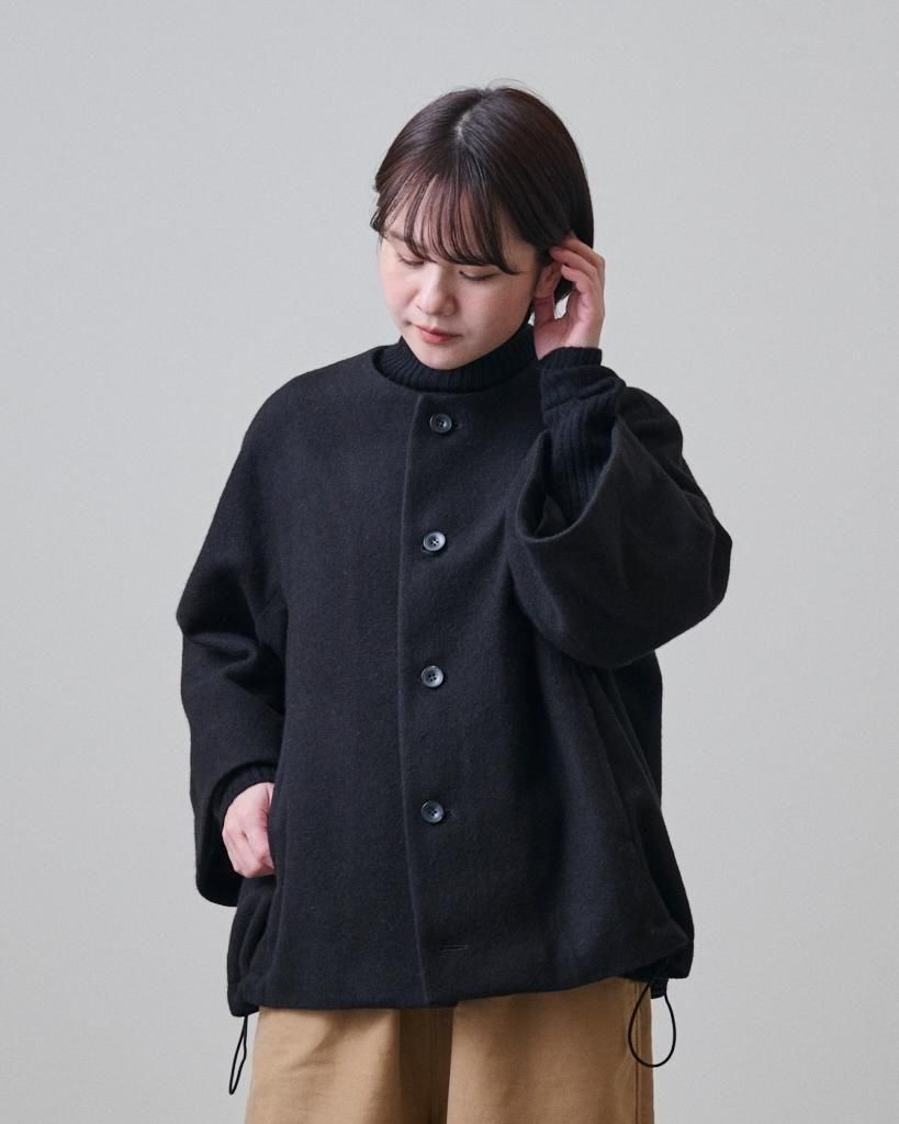 ◆utilite◆フードドルマンコート スーパー110'sウール ブラック FACTORY ウール ショート丈 ドルマンコート- poooL (online shop)