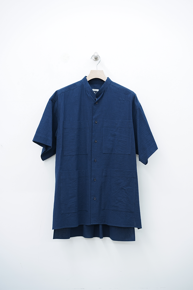 POSTELEGANT Cotton Linen Stripe S/S shirt / Navy Stripe