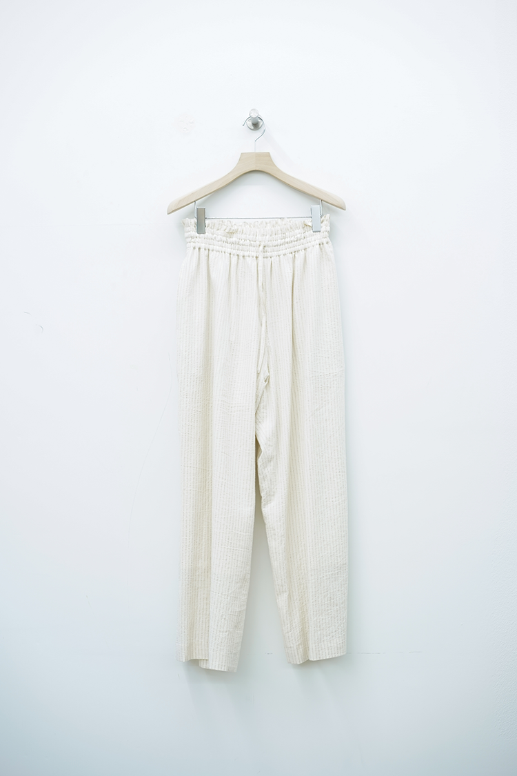 POSTELEGANT Cotton Linen Stripe Wide Trousers / Ecru Stripe
