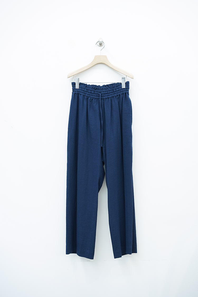 POSTELEGANT Cotton Linen Stripe Wide Trousers / Navy Stripe